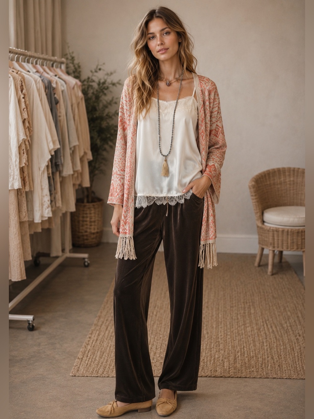Boho Fringe Cardigan Medium Coral Cream Southwestern Knit 🧶 XOXO